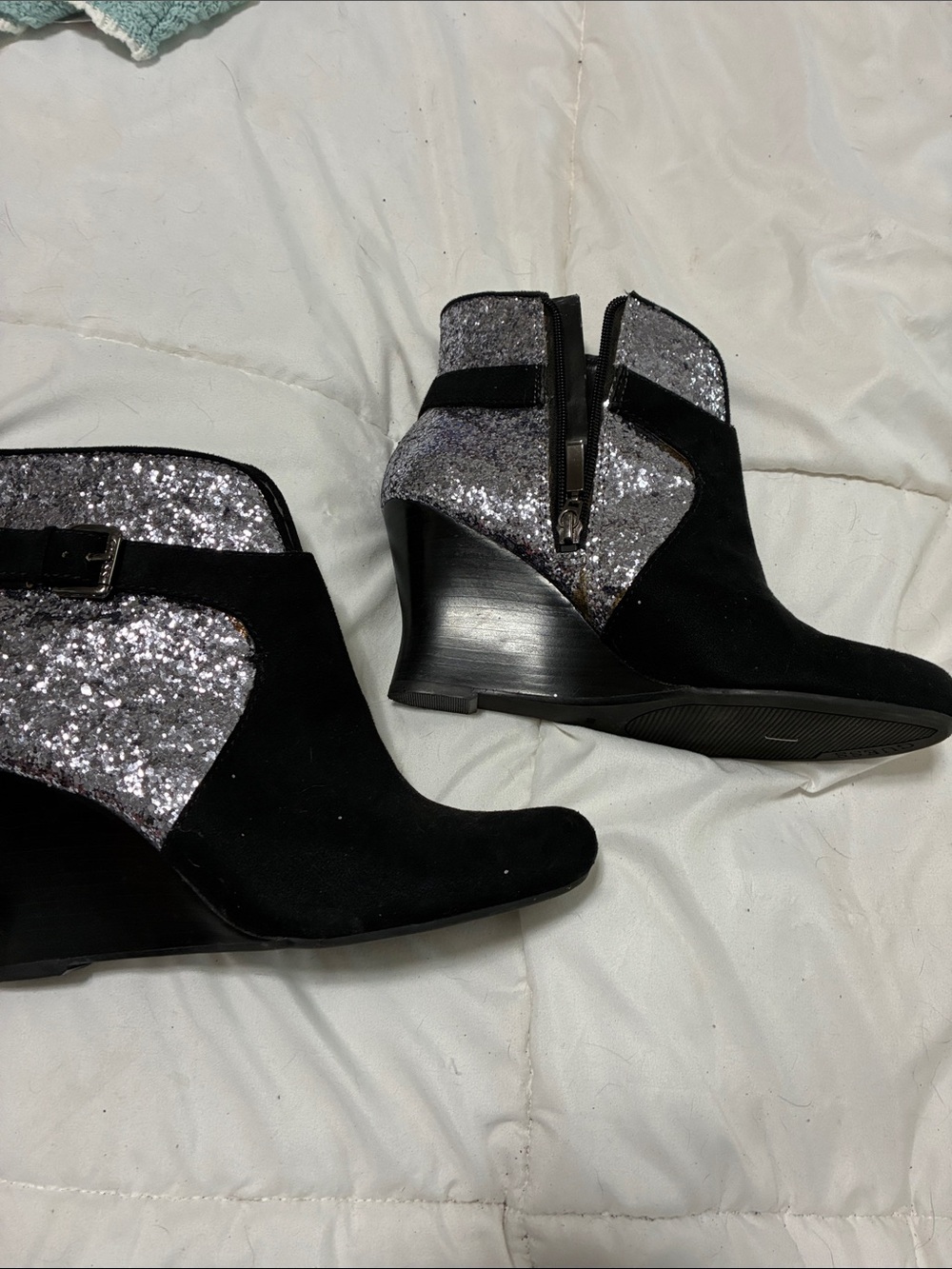Women's Black Suede Wedge Ankle Boots with Silver Glitter Panels